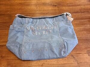 New Victorias Secret Denim Rose Gold Studded Large Tote Bag Beach Bag Carry All